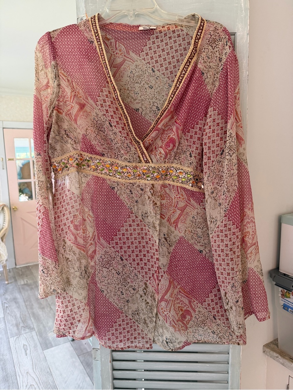 J. Jill Pink Patchwork Sheer V-Neck Tunic with Embellished Waist